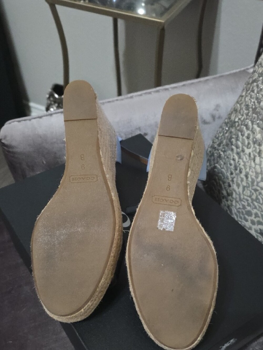 Coach Sky Blue and Navy Espadrille Wedge Sandals with Ankle Strap - Picture 3 of 5